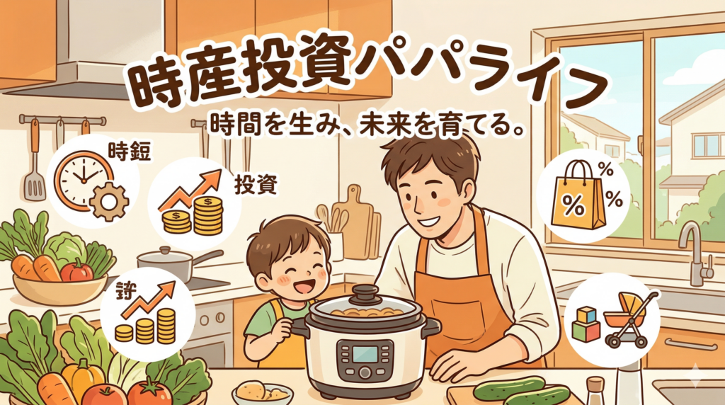 時産投資パパライフのイメージ。料理をする父子と時短・投資・お得・育児のアイコン。